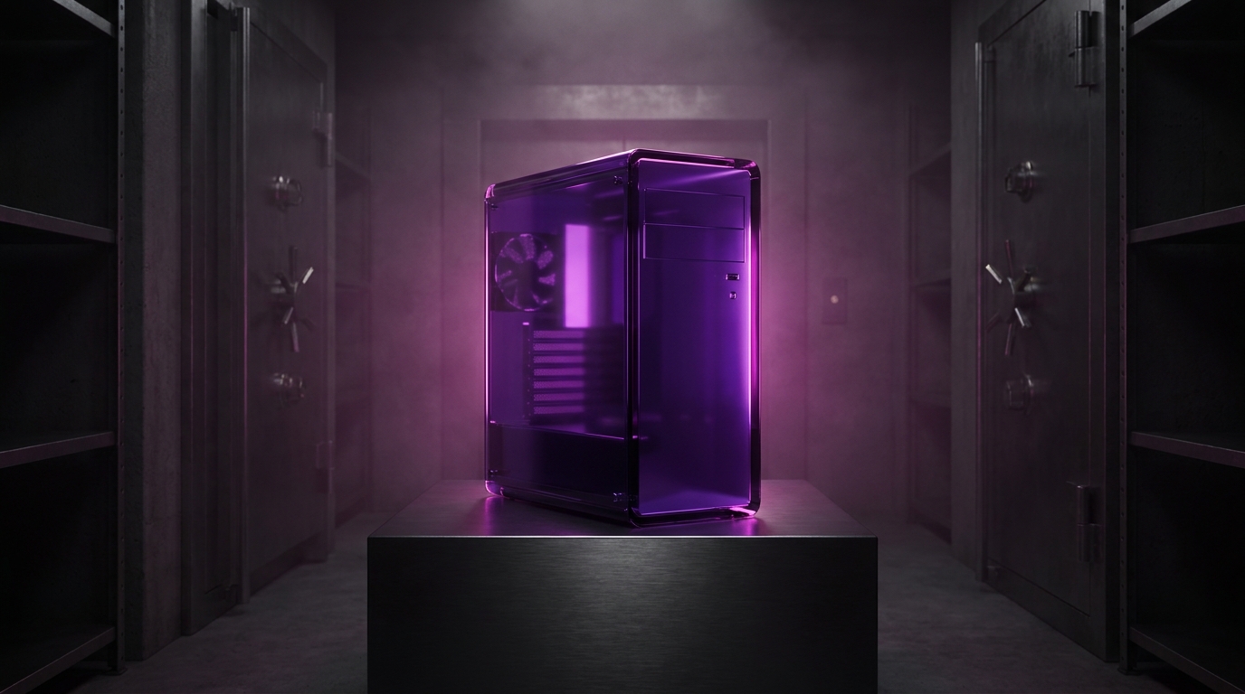 A glowing violet personal machine in a private dark space